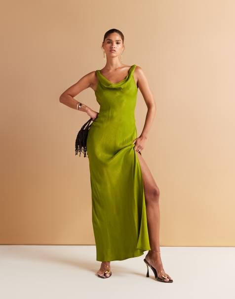 Mango - Robe longue en jacquard satiné avec col bénitier et fente latérale - Vert olive - view 1