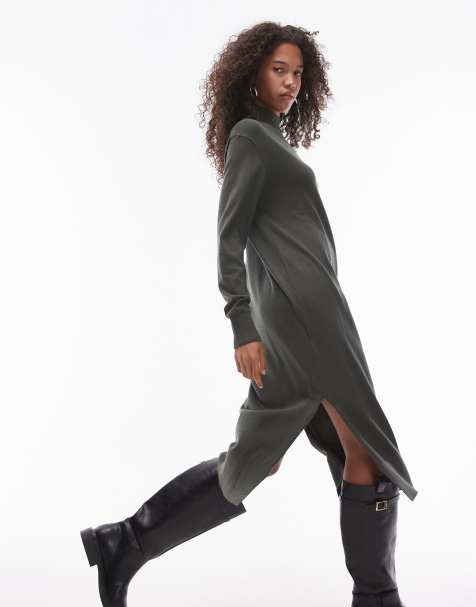 Mango - Robe longue en maille à col montant et fente latérale - Vert foncé - view 1