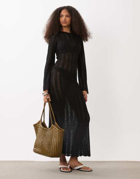 Mango - Robe longue en maille au crochet à manches longues - Noir - view 1