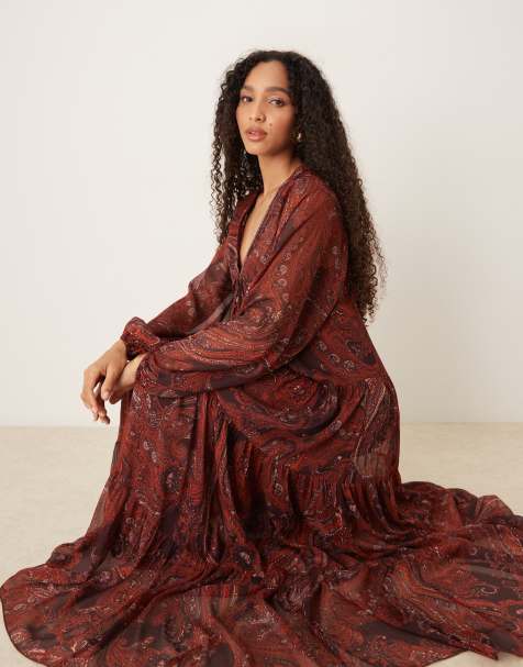 Mango - Robe longue en mousseline imprimé cachemire - Rouille - view 1