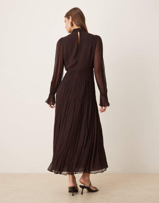 Mango - Robe longue en mousseline volantée à col montant et manches longues - Marron chocolat, 3 de 4