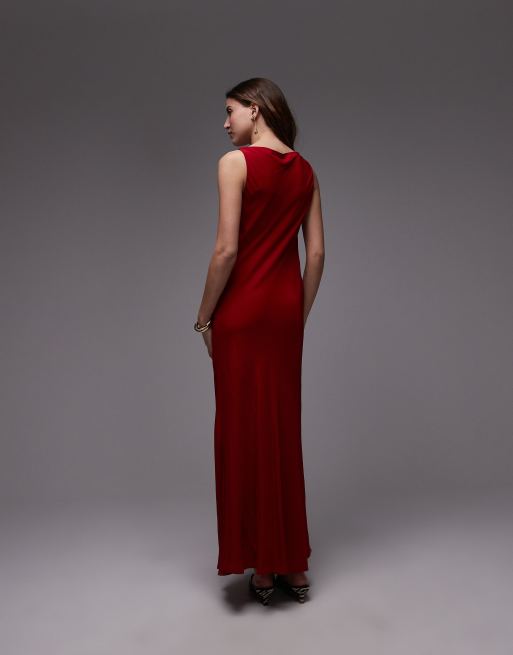 Mango Robe longue en satin avec encolure drapée Rouge ASOS