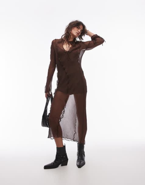 Mango - Robe longue en tulle - Marron chocolat - view 1