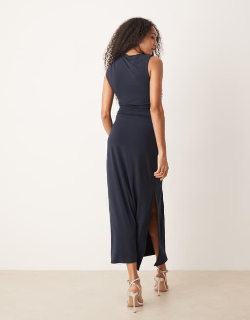 Mango - Robe longue près du corps à épaule torsadée avec détail en métal - Bleu marine, 4 de 4