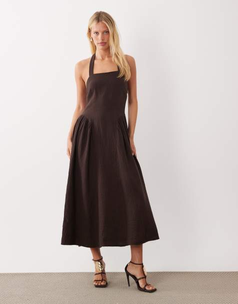Mango - Robe longue sans manches à encolure carrée, dos nu et taille cintrée - Marron - view 1