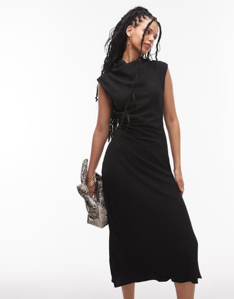 Mango - Robe longueur mollet avec détail froncé à la taille - Noir - view 1