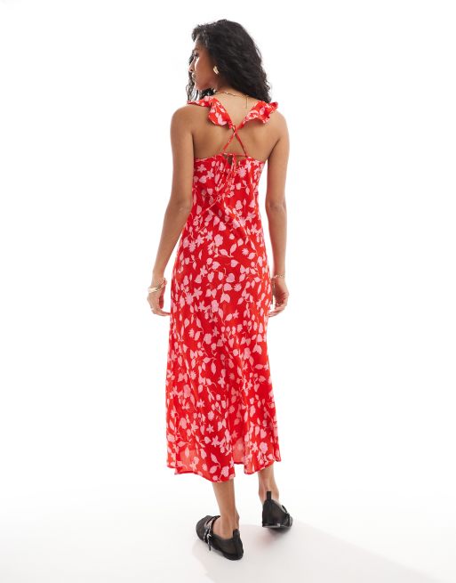 Mango Robe mi longue a bretelles et imprime fleurs Rouge rose ASOS