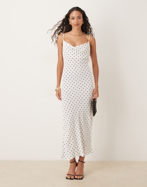 Mango - Robe mi-longue à col bénitier et pois - Noir et blanc - view 1