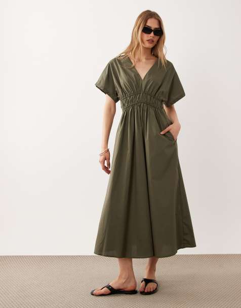 Mango - Robe mi-longue à col V et taille cintrée - Kaki - view 1