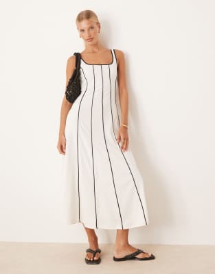 Mango - Robe mi-longue à encolure carrée et coutures contrastantes - Blanc - view 1