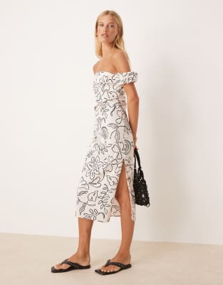 Mango - Robe mi-longue à épaules dénudées et imprimé esquisses - Noir et blanc