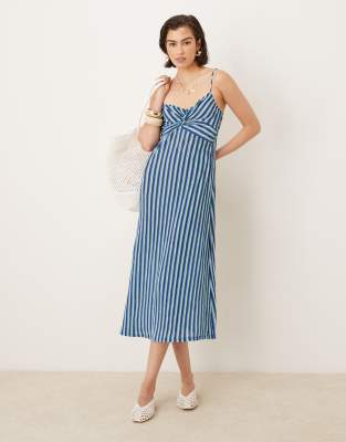 Robe mi-longue à fines bretelles et imprimé à rayures en plusieurs parties-Bleu L