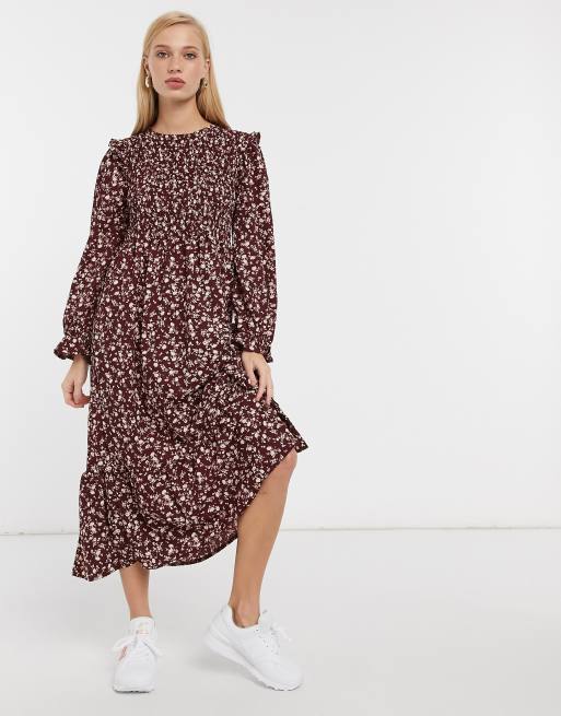 Mango Robe Mi Longue A Fleurs Et Volants Aux Epaules Bordeaux Asos