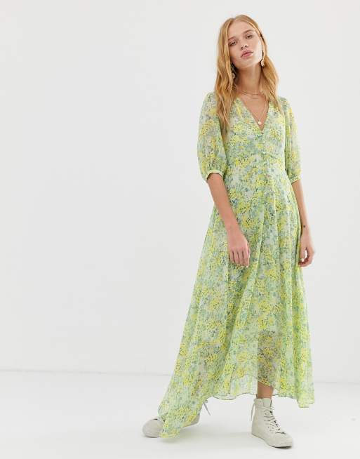 Mango Robe mi longue fleurs Vert