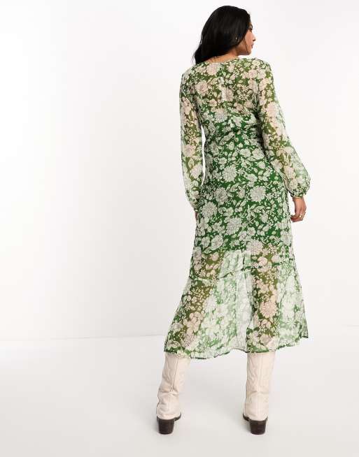 Mango Robe mi longue imprim fleuri et col en V Vert