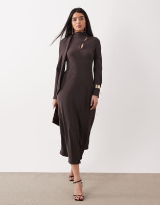 Robe mi-longue à manches longues et détail foulard - Marron-Brown S