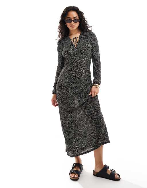 Mango Robe mi-longue à pois nouée sur le devant Noir ASOS