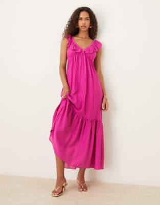 Mango - Robe mi-longue à volants et mancherons - Framboise-rose