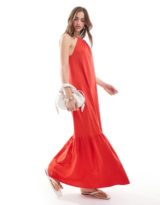 Mango - Robe mi-longue à volants étagés et encolure américaine - Rouge