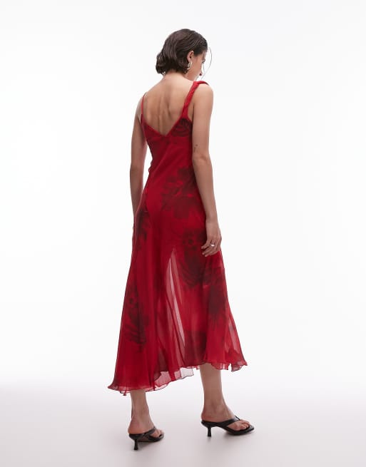 Mango - Robe mi-longue asymétrique à imprimé fleurs flou - Rouge , 4 de 4