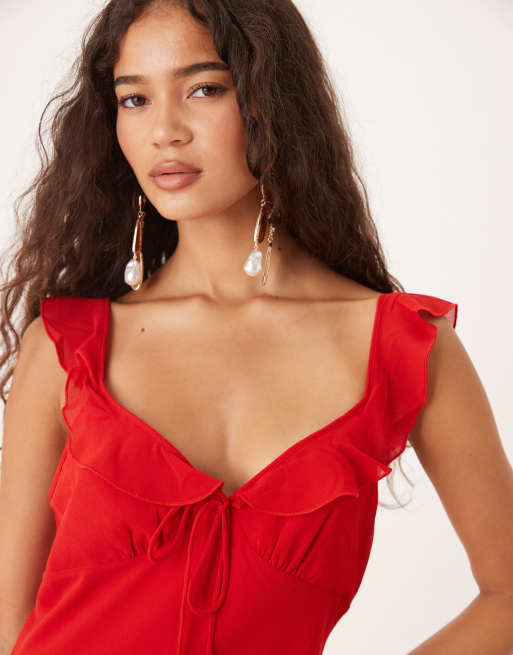 Mango - Robe mi-longue avec manches à volants et liens sur le devant - Rouge, 3 de 4