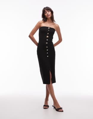 Mango - Robe mi-longue bandeau en maille compacte à boutons fantaisie - Noir