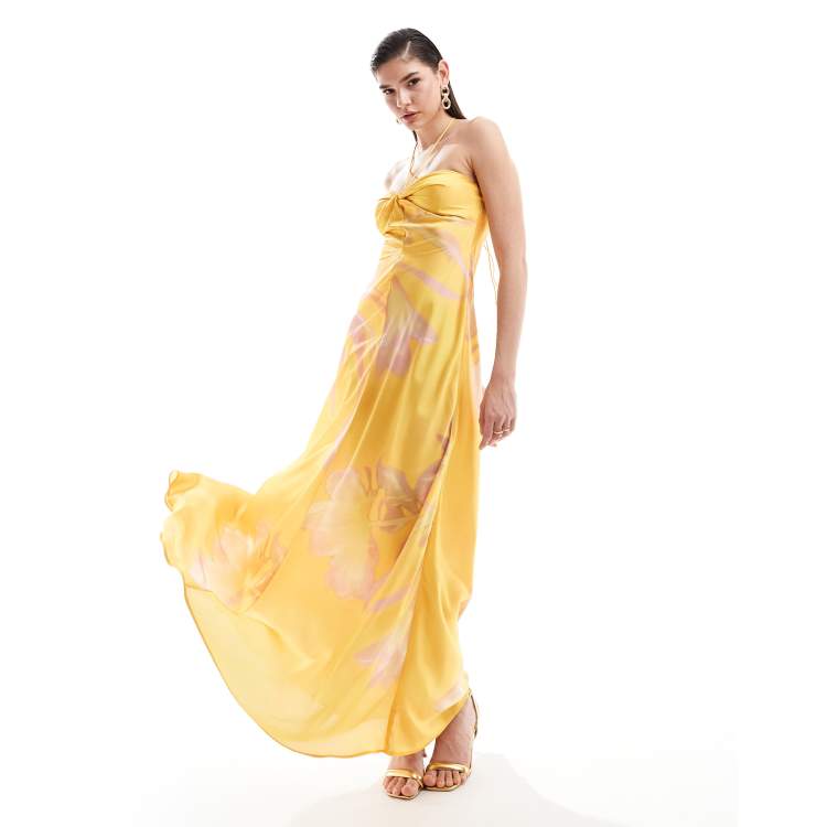 Mango Robe mi longue dos nu satinee Jaune ASOS