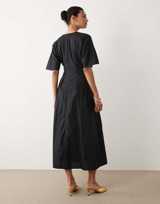 Mango - Robe mi-longue en coton mélangé avec col V et manches bouffantes - Noir, 2 de 4