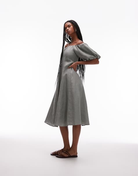 Mango - Robe mi-longue en lin à manches bouffantes - Vert sauge - view 1