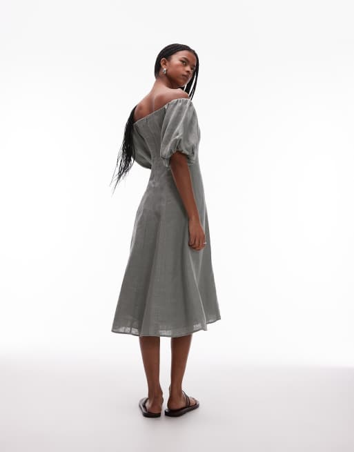 Mango Robe mi-longue en lin à manches bouffantes Vert sauge ASOS