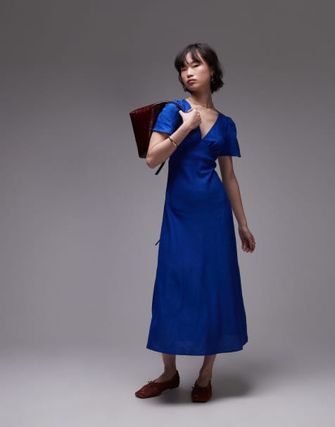 Mango - Robe mi-longue en lin à manches courtes - Bleu - view 1
