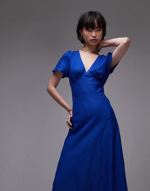 Robe Midi Femme Marks & Spencer – Mélange Lin Bleu à Motifs – Manches 3/4 – Taille 8 UK