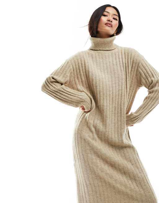 Mango Robe mi longue en maille col montant Beige