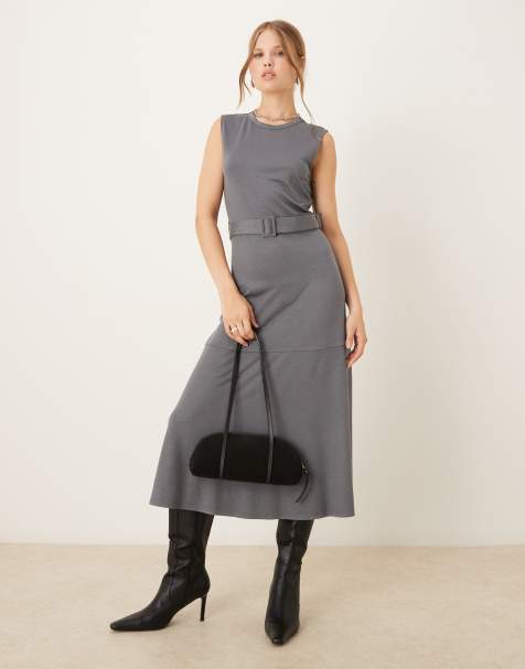 Mango - Robe mi-longue en maille fine avec ceinture - Gris - view 1
