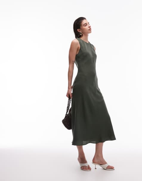 Mango - Robe mi-longue en satin - Vert olive - view 1