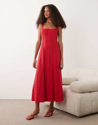 Robe mi-longue et sans manches en coton avec encolure carrée et broderies - Rouge XS