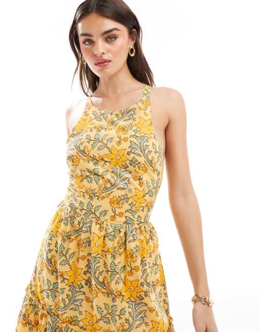 Mango Robe mi longue etagee a fleurs Jaune