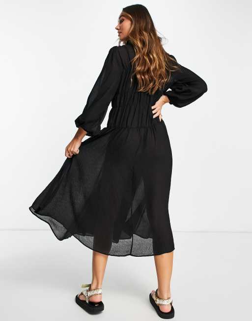 Mango Robe mi longue fronc e Noir