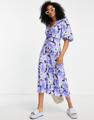 Mango ruched front puff sleeve midi dress in bold floral - ASOS Price Checker