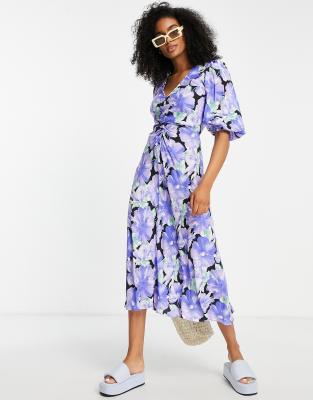 Mango - Robe mi-longue froncée sur le devant à manches bouffantes et grand imprimé floral-Multicolore