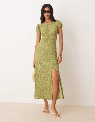 Mango - Robe mi-longue plissée - Vert fleuri