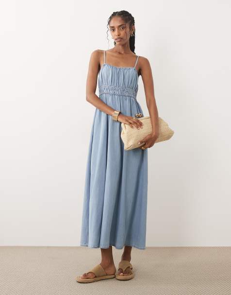 Mango - Robe mi-longue sans manches à détails froncés - Bleu - view 1