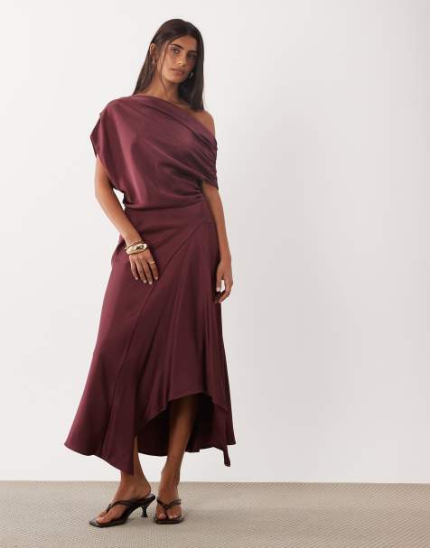 Mango robe midi en satin à une épaule rose - view 1