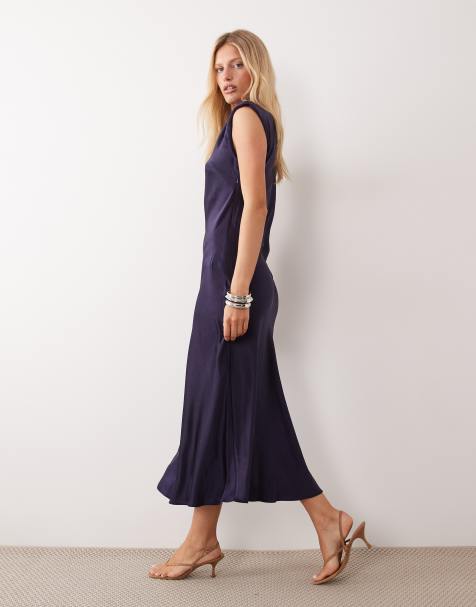 Mango robe midi sans manches en satin bleu marine - view 1