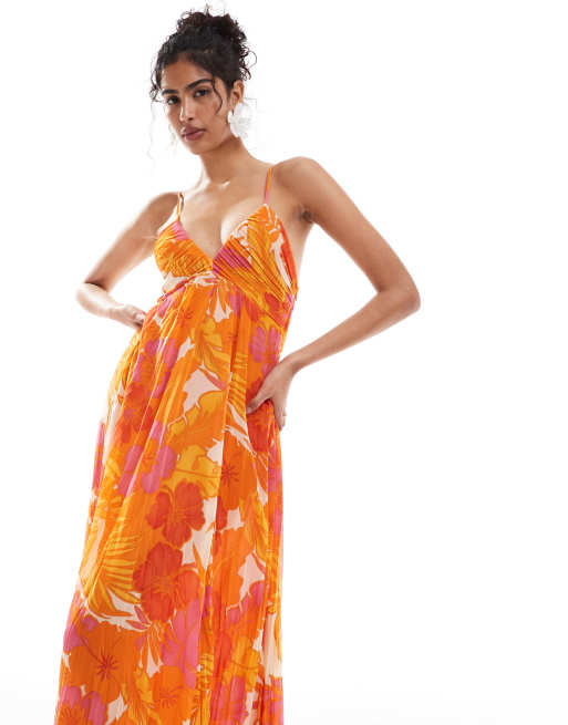 Robe Débardeur Fluide Imprimé Grosses Roses Orange - Taille U 34-40 - Occasion Bon état