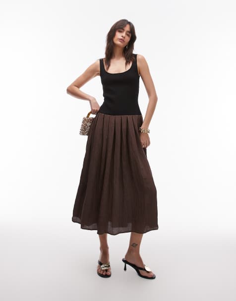 Mango - Robe plissée bicolore avec taille basse - Marron foncé - view 1