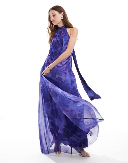 Mango Robe plissee longue a col montant et imprime fleuri Violet