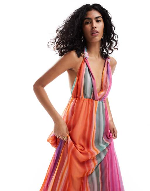 Mango Robe rayee longue a col V Multicolore