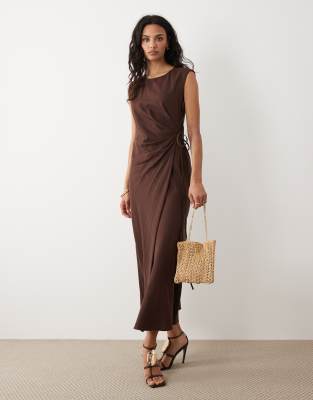 Robe sans manches mi-longue en lin mélangé avec liens noués à la taille - Marron L