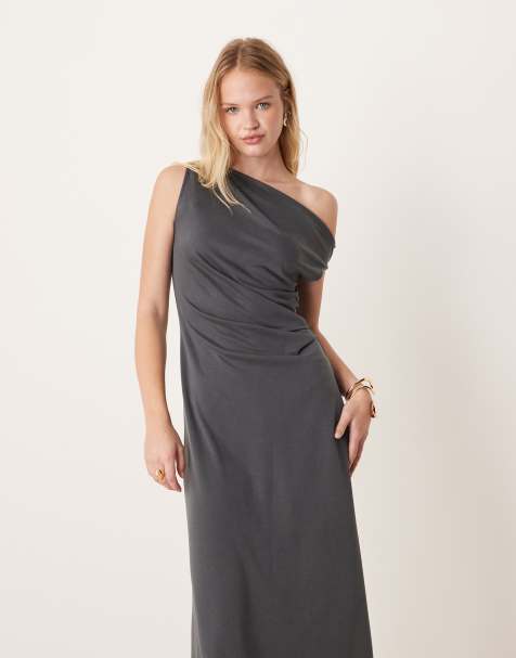 Mango - Robe trapèze longue et asymétrique- Anthracite - view 1